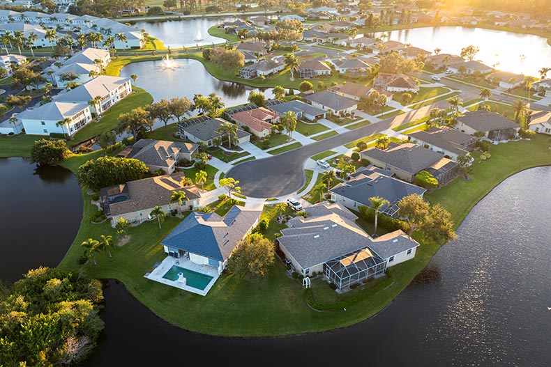 Aerial view of suburban houses outside of Sarasota, a city on Florida's gulf coast.